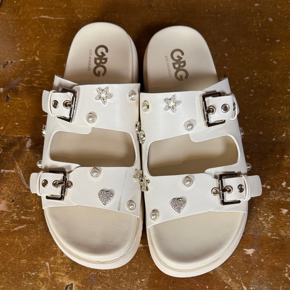 GBG Cream GG Juliana Sandals with Silver Accents
